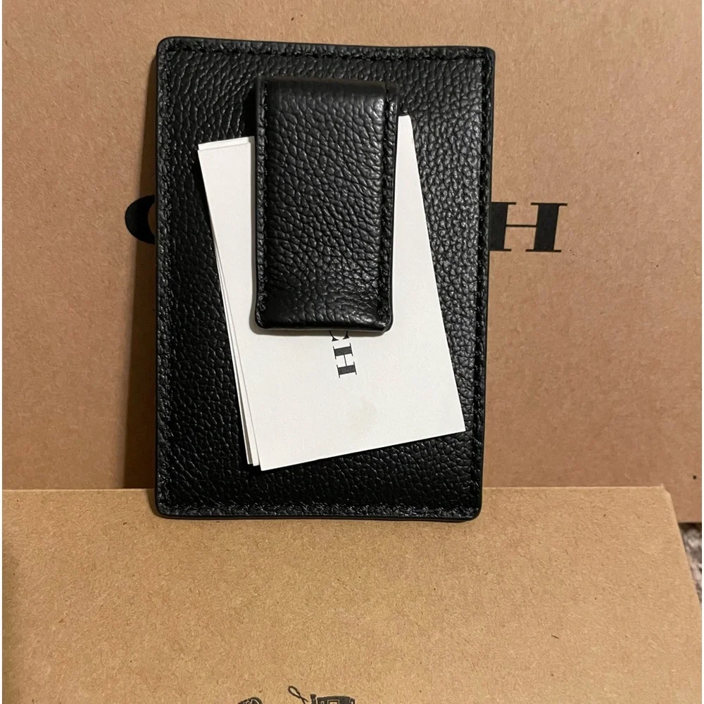 Black pebble leather money clip/ 2 slot credit card wallet